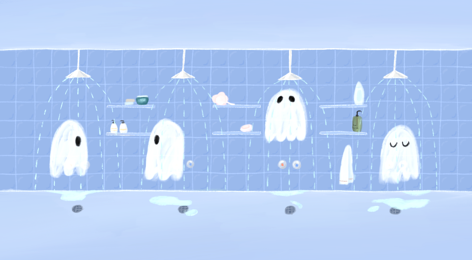 Digital illustration of cartoon ghosts in a communal shower